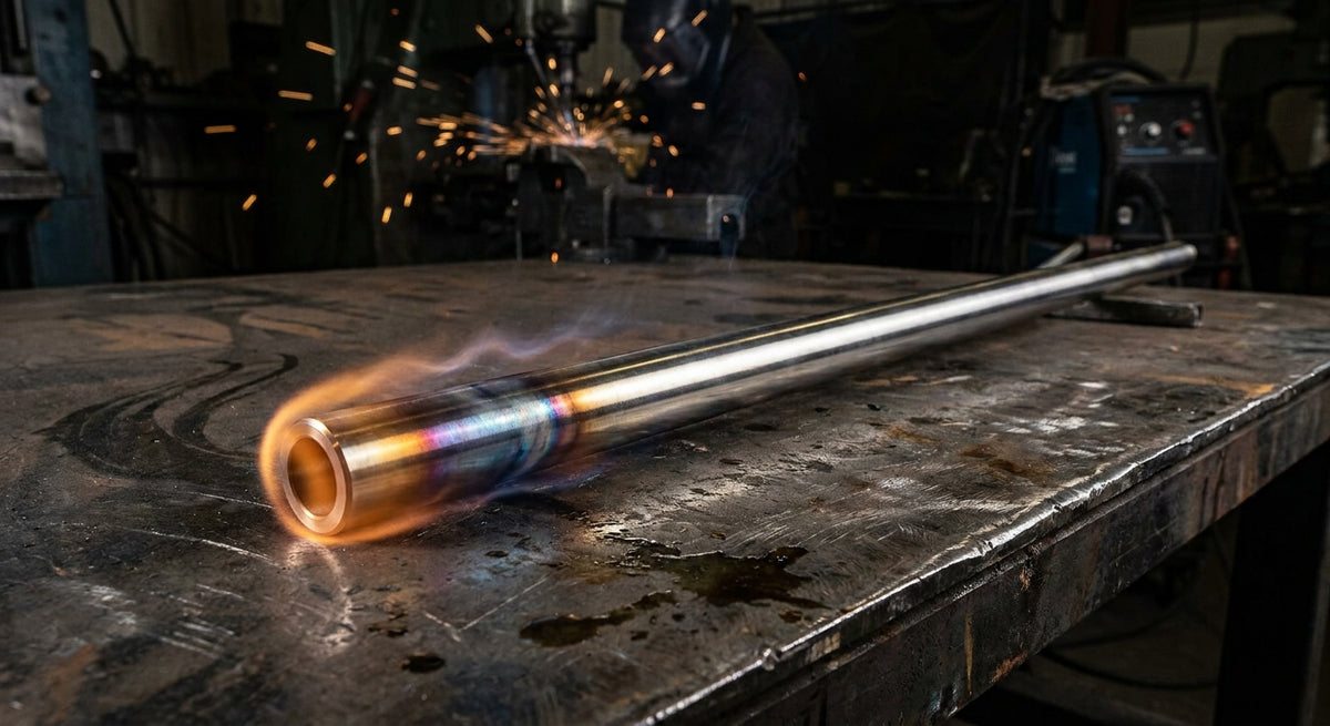 A polished stainless steel speargun shaft glowing with residual heat against a dark industrial metal surface, evoking precision heat treatment and high-performance manufacturing.