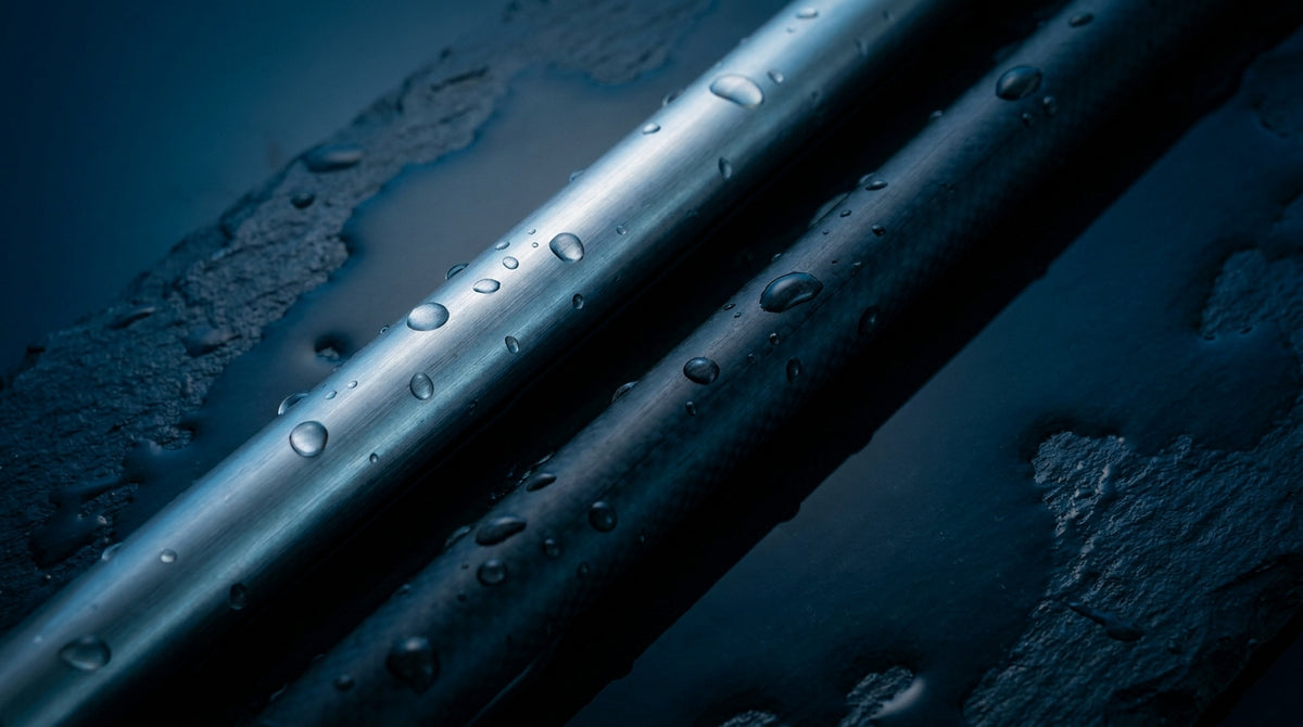 Two speargun shafts with contrasting stainless steel and carbon steel finishes lying side by side on a dark wet slate surface with water droplets, lit dramatically to highlight material differences.