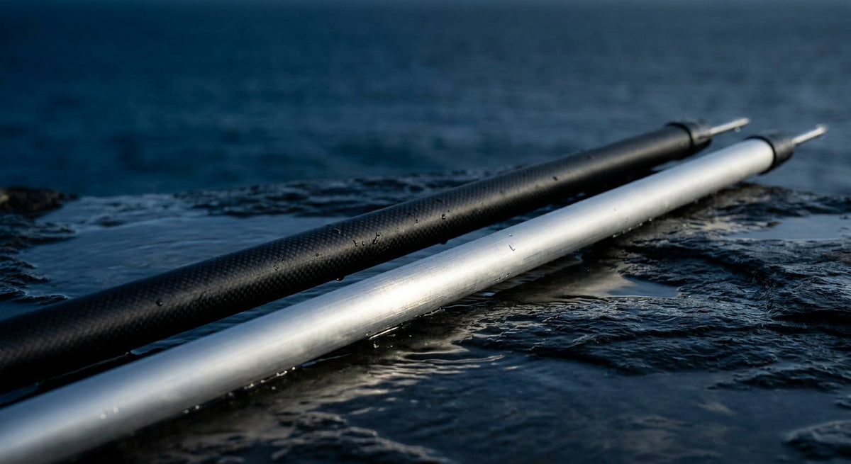 A carbon fiber and aluminum pole spear laid side by side on a wet dark slate surface with ocean blue tones in the background, highlighting the contrast between the two materials.
