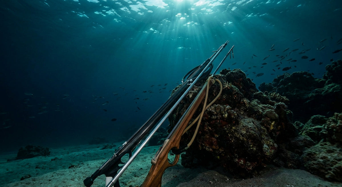 Three spearfishing weapons — a pole spear, Hawaiian sling, and speargun — displayed underwater against a deep blue ocean backdrop with filtered surface light.