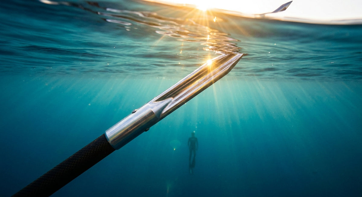 A pole spear submerged at the waterline with sunlight rays cutting through clear blue ocean water fading into deep indigo depths.