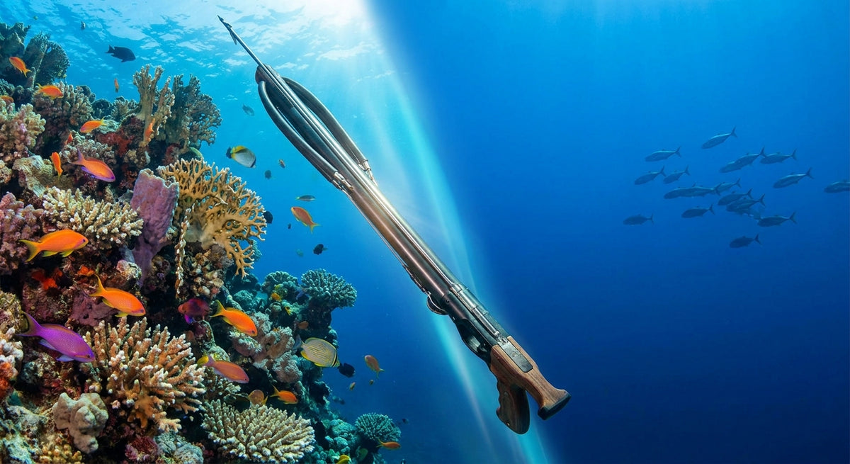 A cinematic underwater photograph showing a speargun positioned across a split environment of colorful coral reef and open deep blue ocean water.
