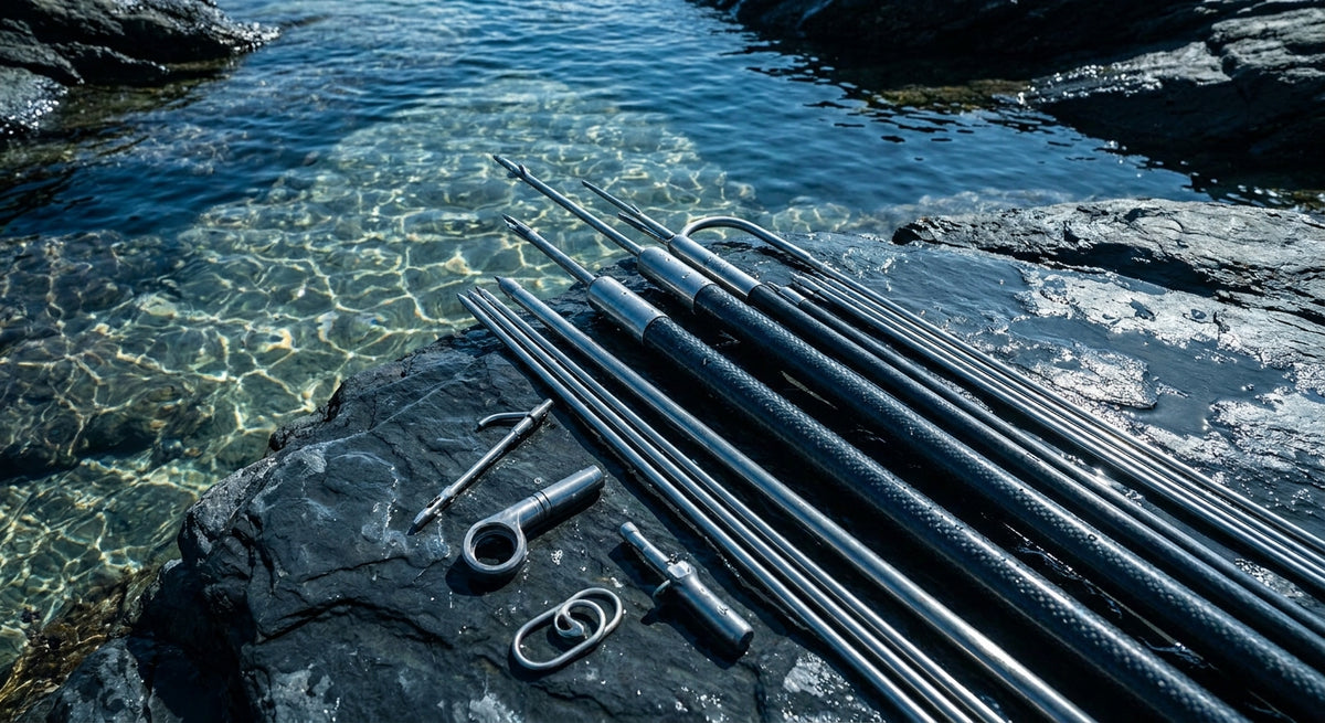 A curated arrangement of spearfishing pole spears, shafts, and accessories laid out on a wet slate surface beside a sunlit tide pool with ocean-blue tones.