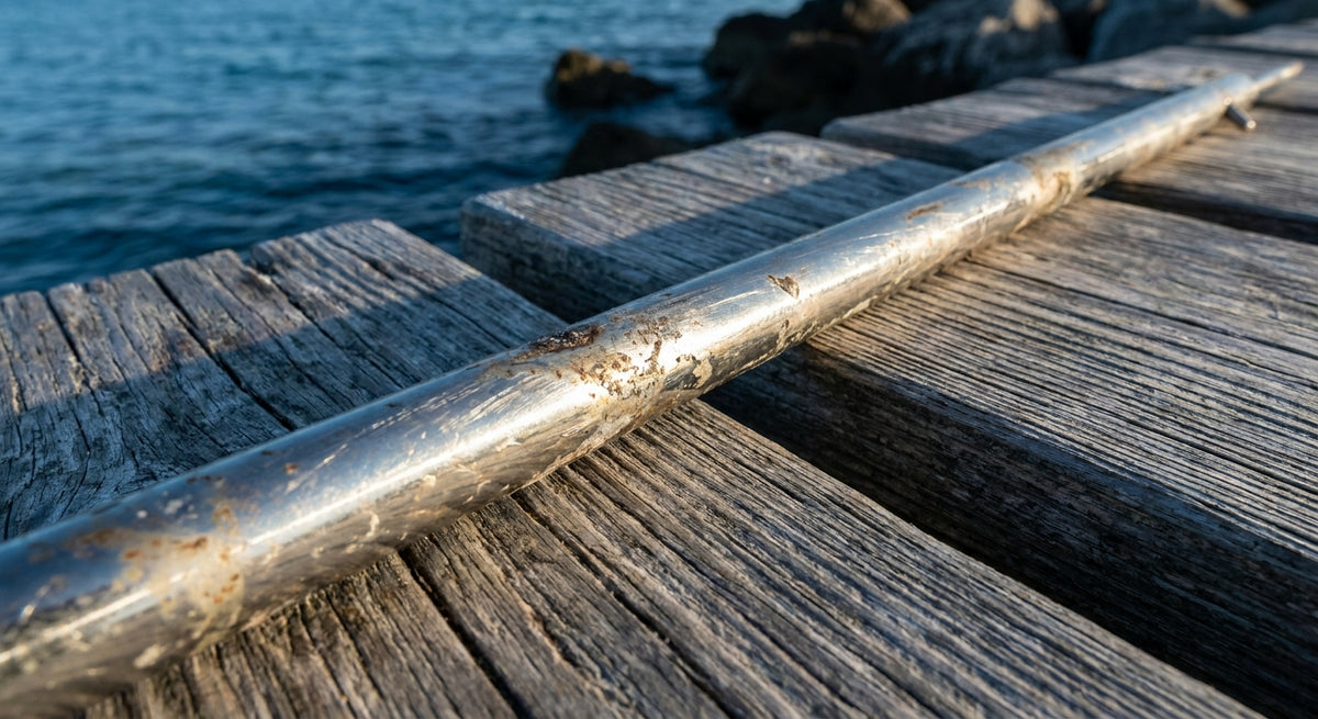 A stainless steel speargun shaft resting on a weathered dock with blurred ocean water in the background, lit by natural coastal light.